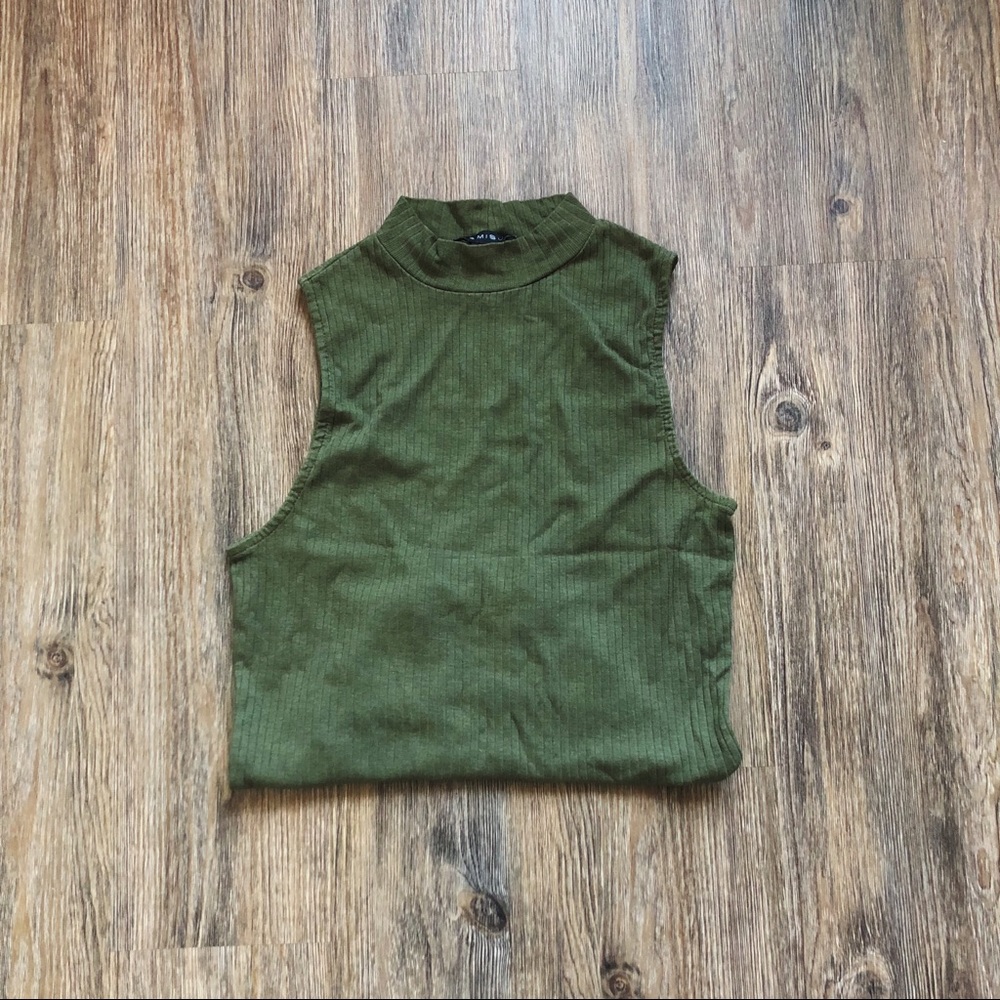 ribbed mock-neck dark green top